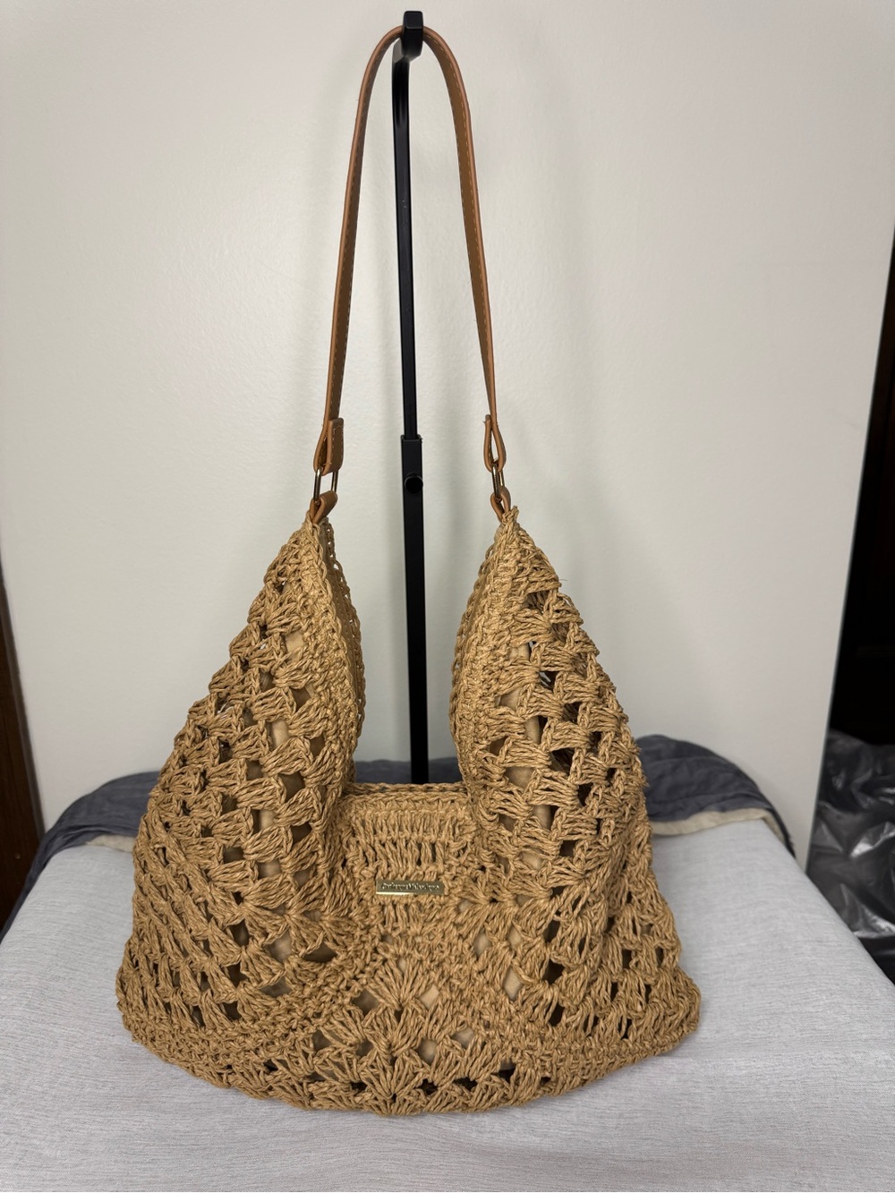 Catherine Malandrino Khaki Woven Straw Fall Hobo Shoulder Bag Minimalist - Picture 3 of 9
